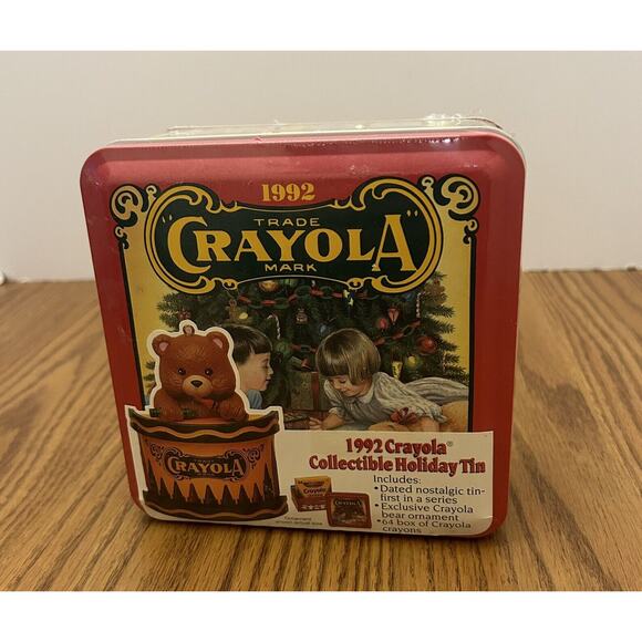 Vintage 1992 Crayola 64 Crayon Collectors Tin Box Christmas Bear Ornament Sealed - Picture 1 of 7